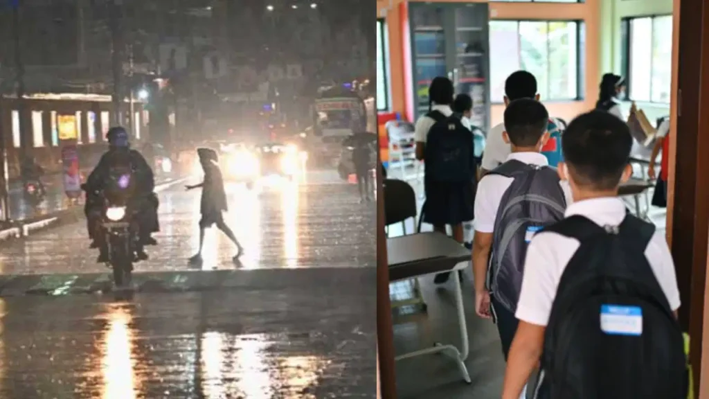 Rainy street and students entering school