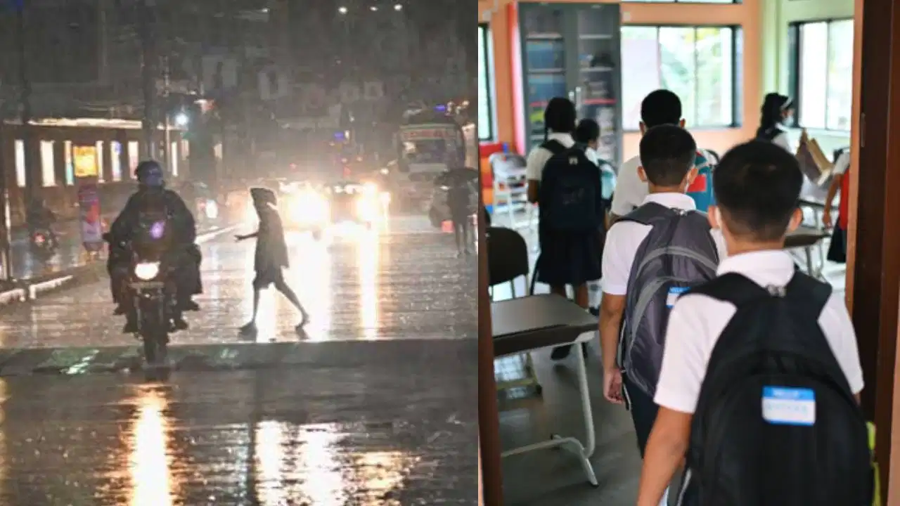 Rainy street and students entering school